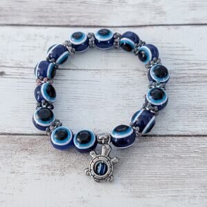 Chunky Blue Stretch Bracelet with Turtle Charm